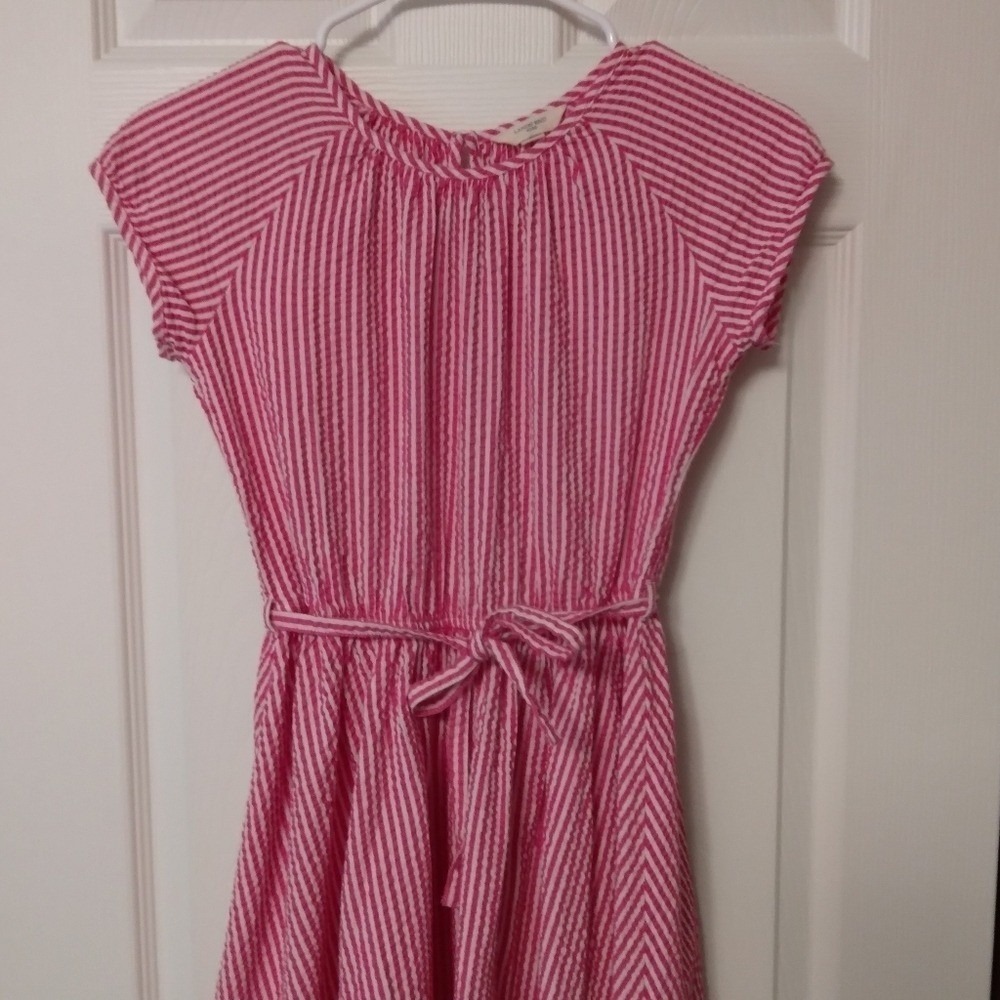 Lands' End Vintage Pink & White Pinstripe Seersucker Cap Sleeve Dress 10 modest - Picture 2 of 8